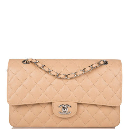 Chanel Beige Quilted Caviar Medium Classic Double Flap Bag Silver Hardware