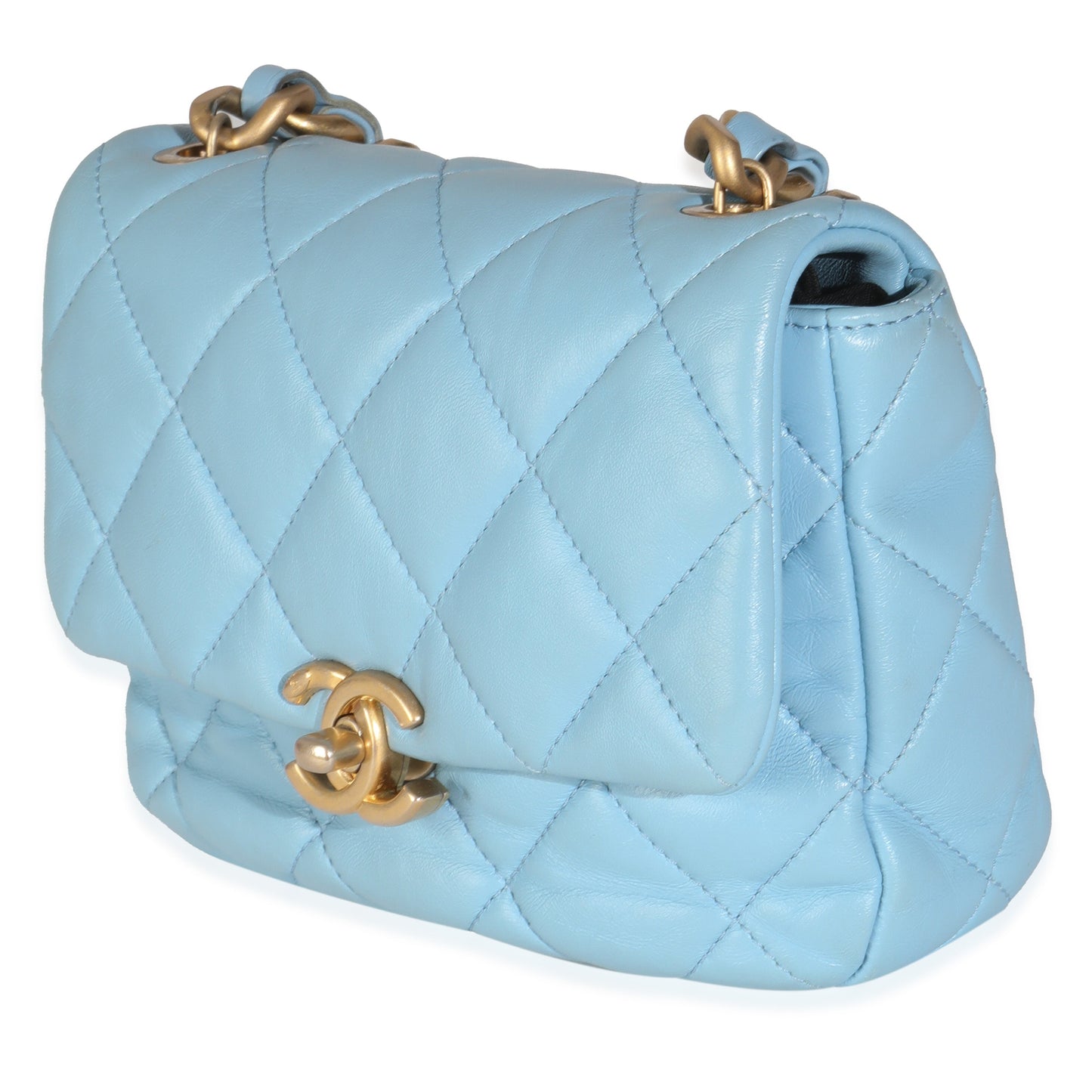 Light Blue Quilted Lambskin Mini Lacquered Chain Flap Bag