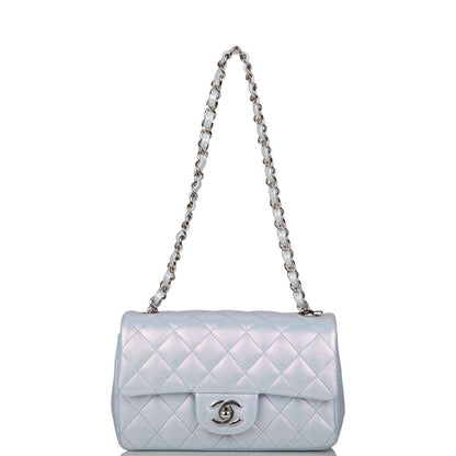 Chanel Mini Rectangular Flap Bag Blue Iridescent Lambskin Silver Hardware