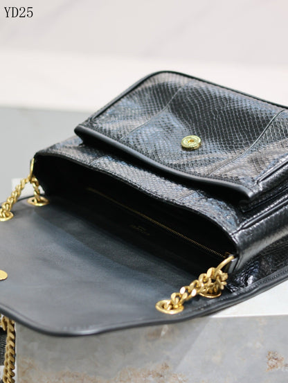 Niki Black Python-Textured Leather Shoulder Bag - 28 cm