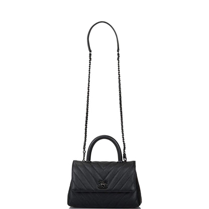 Chanel SO Black Chevron Caviar Mini Coco Handle Flap Bag Black Hardware