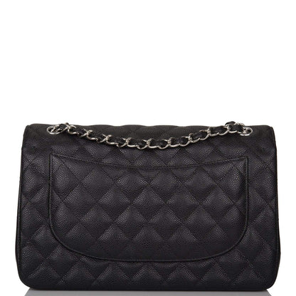 Chanel Black Quilted Caviar Jumbo Classic Double Flap Bag Silver Hardware