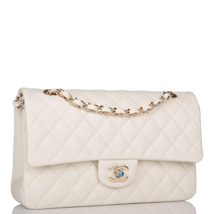 Chanel White Quilted Caviar Medium Classic Double Flap Bag Light Gold Hardware