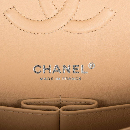 Chanel Medium Classic Double Flap Bag Beige Quilted Caviar Silver Hardware