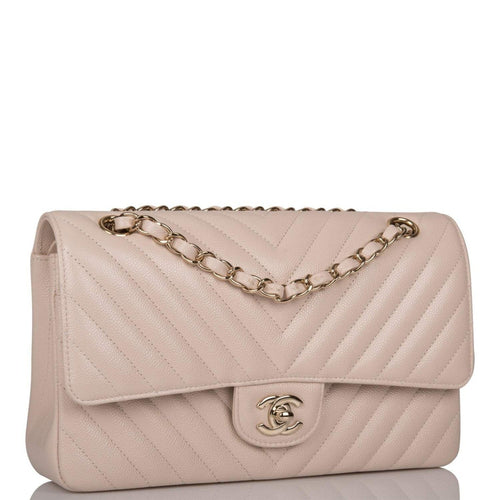 Chanel Shiny Beige Chevron Caviar Medium Classic Double Flap Bag Light Gold Hardware