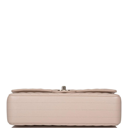 Chanel Shiny Beige Chevron Caviar Medium Classic Double Flap Bag Light Gold Hardware