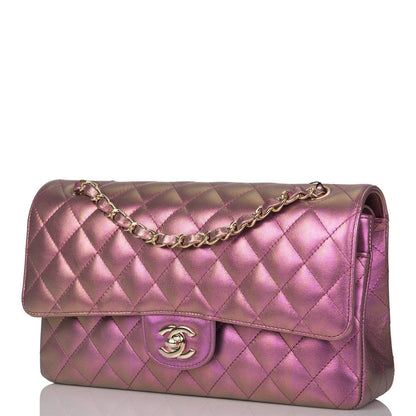 Chanel Medium Classic Double Flap Bag Purple Iridescent Lambskin Light Gold Hardware