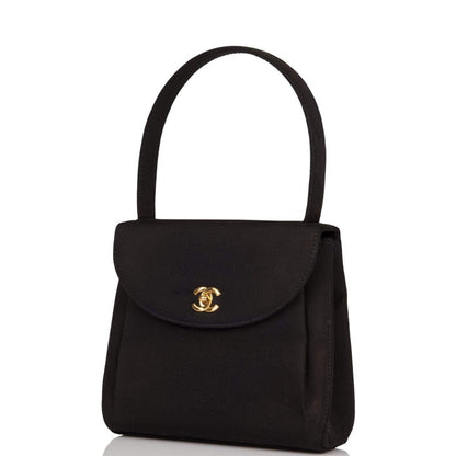 Vintage Chanel Mini Kelly Bag Black Satin Gold Hardware