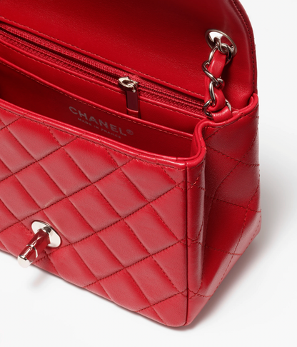 Chanel Red Lambskin & Silver-Tone Metal Lambskin Mini Flap Bag