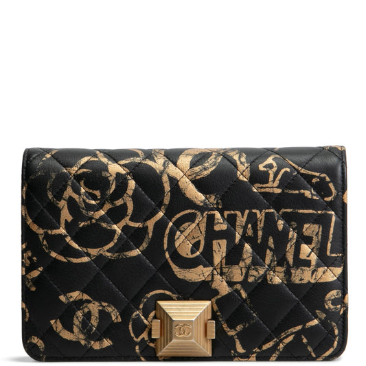 CHANEL Calfskin Quilted Paris-New York Graffiti Pyramid Wallet on Chain- Black