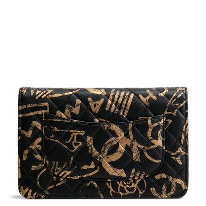 CHANEL Calfskin Quilted Paris-New York Graffiti Pyramid Wallet on Chain- Black