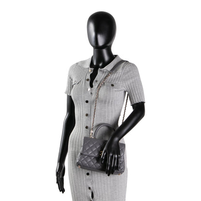 CHANEL Coco Handle Mini Flap Bag Quilted Caviar- Grey