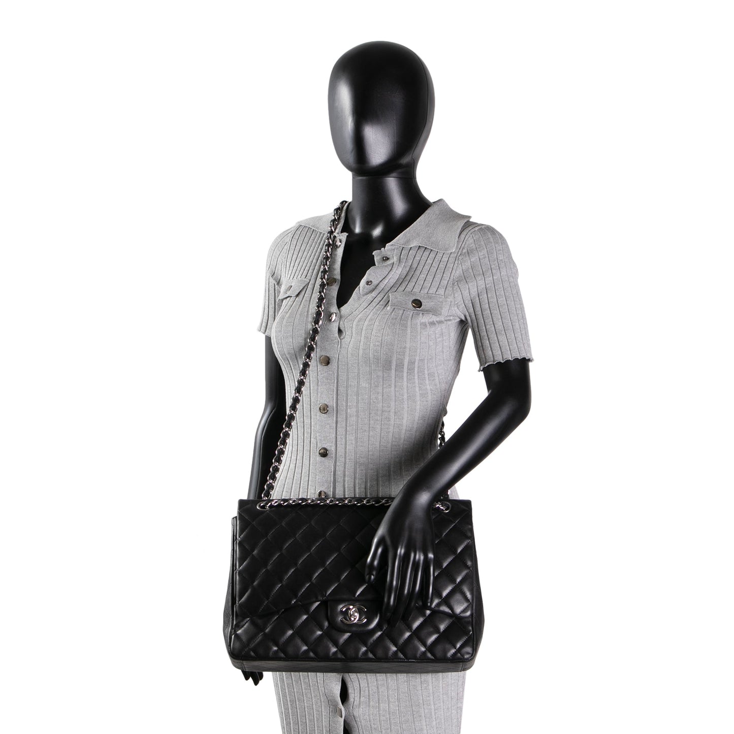 CHANEL Maxi Single Flap Quilted Lambskin- Black