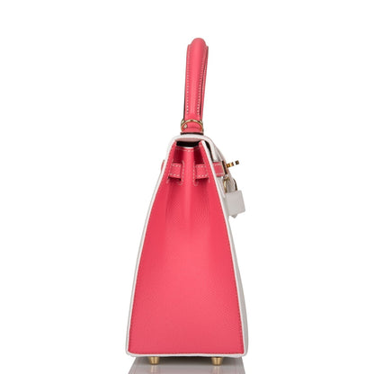 Hermes Horseshoe Stamp (HSS) Bi-Color White and Rose Azalee Epsom Sellier Kelly 25cm Permabrass Hardware