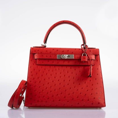 Hermes Kelly 28 Sellier Rouge Vif Ostrich with Palladium Hardware - 2017, A