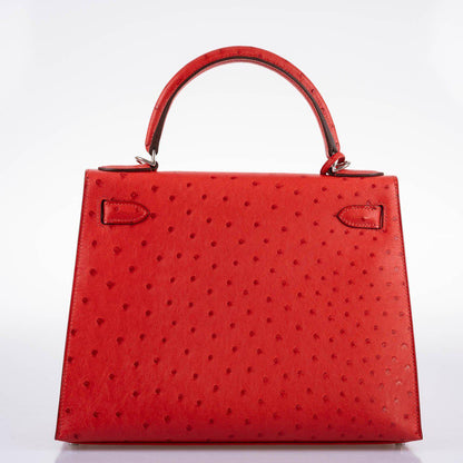 Hermes Kelly 28 Sellier Rouge Vif Ostrich with Palladium Hardware - 2017, A