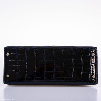 Hermes Kelly 28 Sellier Verso Blue Marine Nilo Crocodile & Rose Scheherazade Palladium Hardware - 2019, D