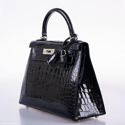 Hermes Kelly 28 Sellier Verso Blue Marine Nilo Crocodile & Rose Scheherazade Palladium Hardware - 2019, D