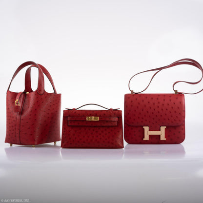 Hermes Kelly Mini Pochette Rouge Vif Ostrich Gold Hardware - 2017, A