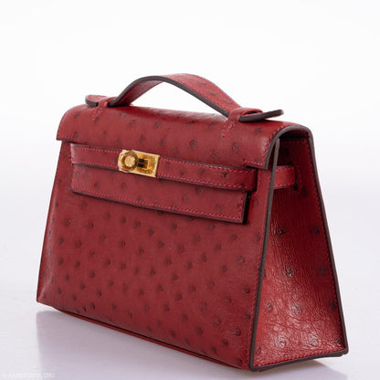 Hermes Kelly Mini Pochette Rouge Vif Ostrich Gold Hardware - 2017, A