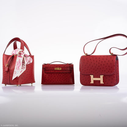 Hermes Kelly Mini Pochette Rouge Vif Ostrich Gold Hardware - 2017, A