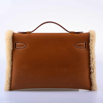 Hermes Teddy Kelly Clutch Barenia Leather & Mouton Shearling Palladium Hardware - 2007, K Square