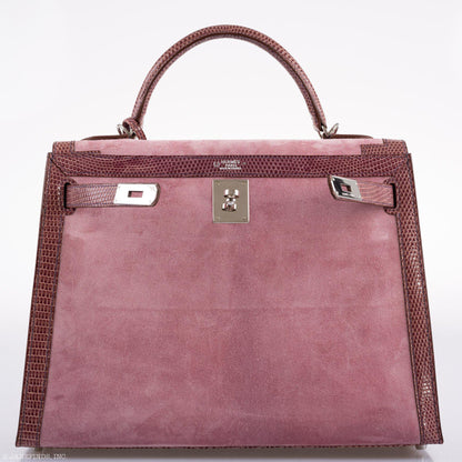 Hermes Unique HSS Kelly 32 Sellier Rose Indienne Doblis Suede & Mauve Lizard with Palladium Hardware - 2012, N Square