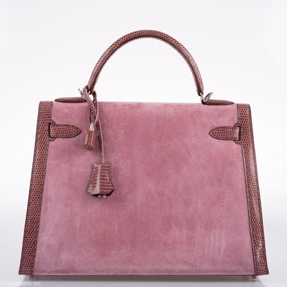 Hermes Unique HSS Kelly 32 Sellier Rose Indienne Doblis Suede & Mauve Lizard with Palladium Hardware - 2012, N Square