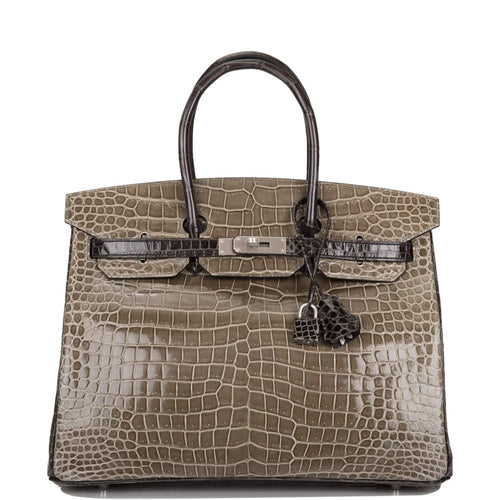 Hermes  Birkin 35cm Bi-Color Gris Tourterelle and Graphite Shiny Porosus Crocodile Brushed Palladium Hardware