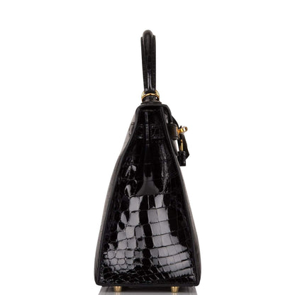 Hermes Black Shiny Niloticus Crocodile Sellier Kelly 28cm Gold Hardware