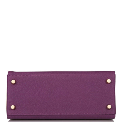 Hermes Kelly 25cm Brushed Gold Hardware Bi-Color Anemone and Craie Togo Retourne