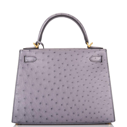 Hermes Kelly 28cm Bi-Color Gris Agate and Gris Perle Ostrich Sellier  Brushed Gold Hardware