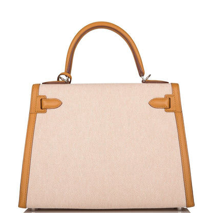 Hermes Sesame Toile and Swift Sellier Kelly 28cm Palladium Hardware