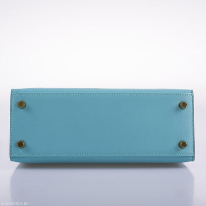 Vintage Hermes Kelly 25 Sellier Blue Atoll Tadelakt with Custom Feather Panel Gold Hardware