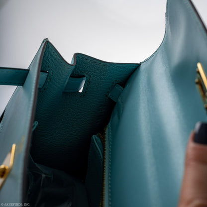 Vintage Hermes Kelly 25 Sellier Blue Atoll Tadelakt with Custom Feather Panel Gold Hardware