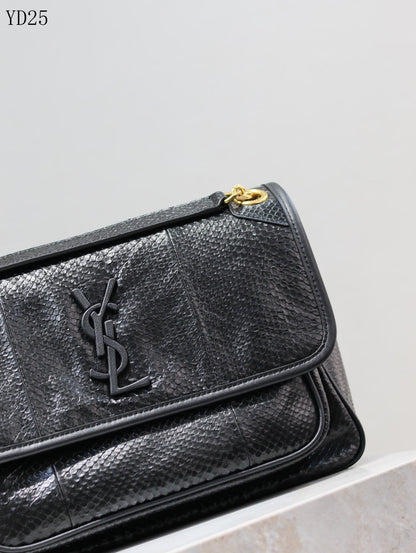 Niki Black Python-Textured Leather Shoulder Bag - 28 cm