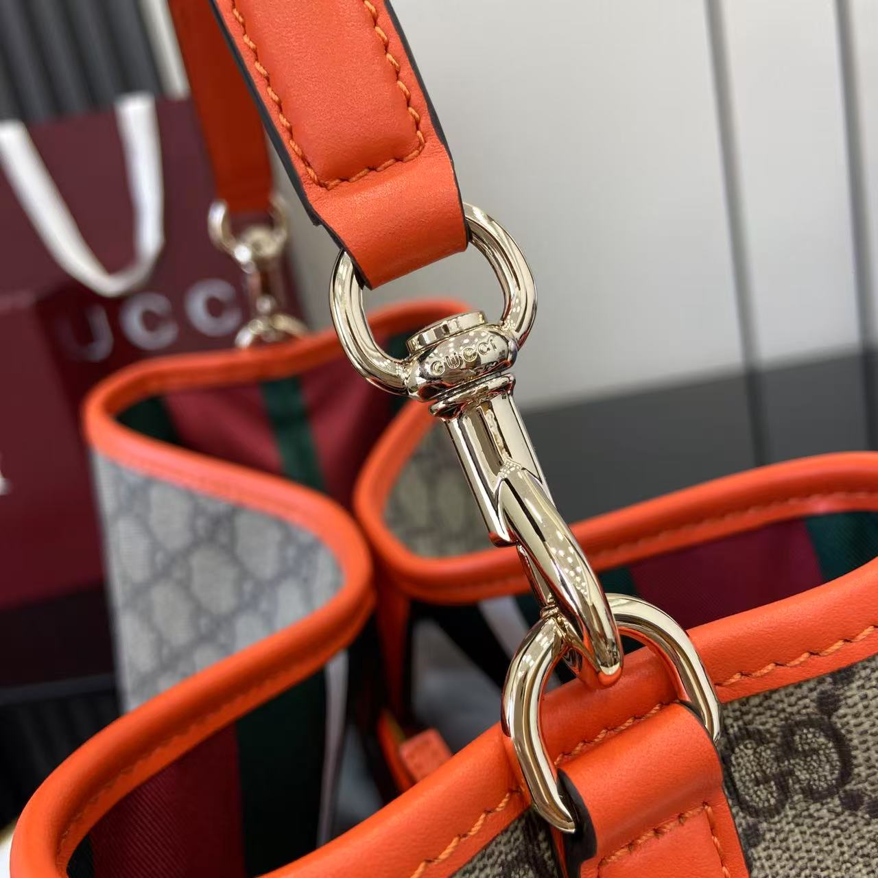 GG Emblem Canvas Shoulder Bag with Orange Leather Trim